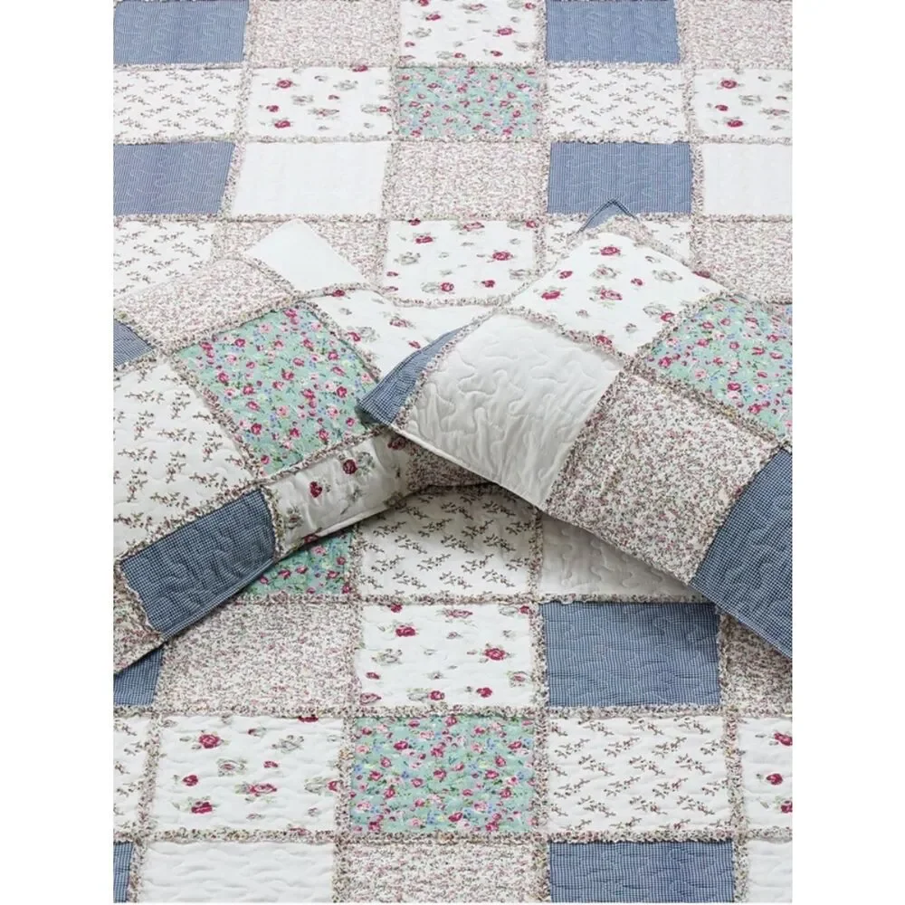 Cottage Farmhouse Patchwork Queen Rag Quilt Set Printed Floral Pattern Country